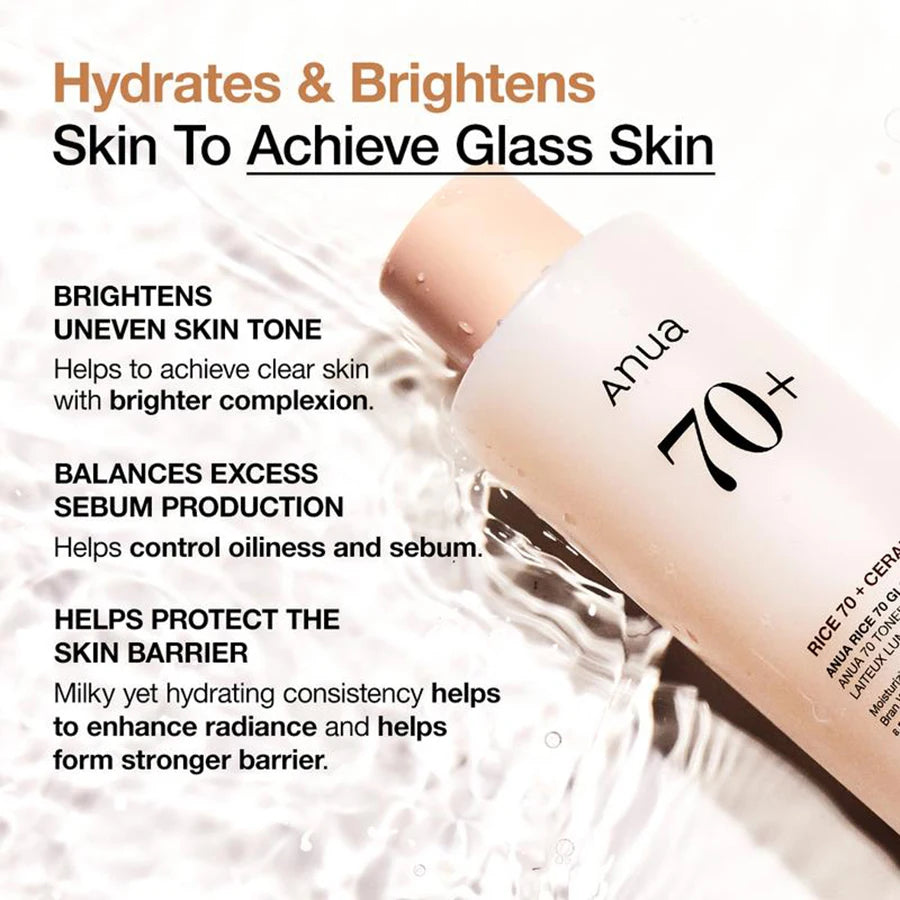 Anua Rice 70 Glow Milky Toner With 70% Rice Water & Ceramide - Hydrating Brightening Facial Toner F
