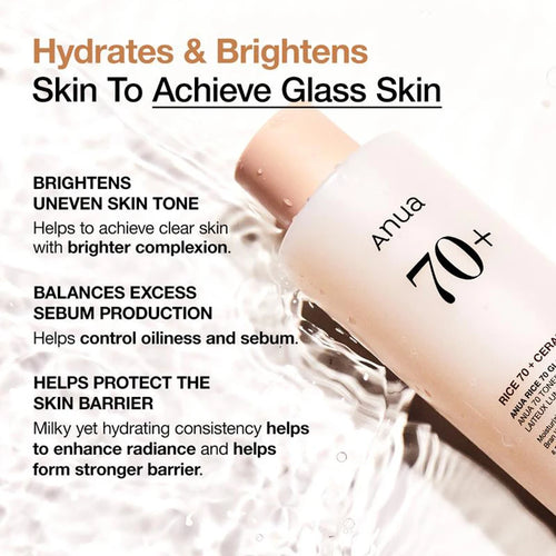Anua Rice 70 Glow Milky Toner With 70% Rice Water & Ceramide - Hydrating Brightening Facial Toner F